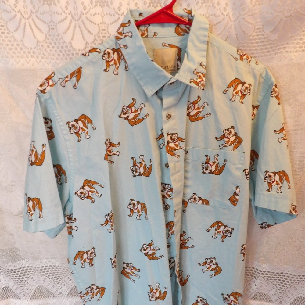Visitor Premium Shirt Mens L Blue Dog All Over Print Button Up Short Sleeve